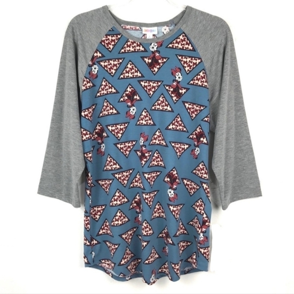 LuLaRoe Disney Minnie Mouse Randy Top Woman's Large L Blue Grey Raglan Shirt
